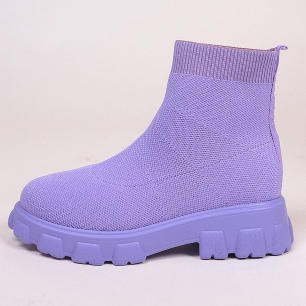 Mesh Knit Round Toe Platform Sock Boots in Blue Purple